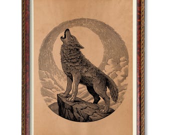 Vintage poster med varg som ylar mot månen – Rustik väggkonst med natur, antik illustration av vilda djur, retro skogsdekor