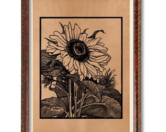 Arte mural botánico de girasoles – Póster floral vintage – Decoración rústica de granja – Ilustración de flores antiguas – Decoración inspirada en la naturaleza