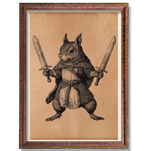 Warrior Squirrel Poster | Rustic Woodland Animal Art | Vintage Fantasy Illustration | Antique Squirrel Wall Decor