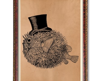 May include: A framed print featuring a detailed black and white illustration of a pufferfish wearing a black top hat. The artwork is set against a tan background and framed in a dark wood frame with gold accents. The image has a vintage, whimsical feel.