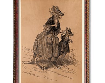 Lady Kangaroo Wall Art Vintage Animal Illustration Poster Rustic Kangaroo Decor Antique Animal Print Whimsical Victorian Animal Decoration
