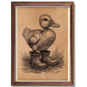 Duck Wearing Boots Poster | Rustic Animal Wall Art | Vintage Duck Illustration | Quirky Home Decor | Antique Style Art