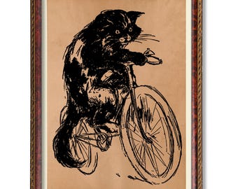 Katze auf dem Fahrrad Wandkunst - Vintage Tierposter - Rustikales Katzendekor - Radfahren im antiken Stil Illustration - Wunderliche Wohndekoration