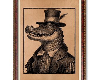 Vintage Gentleman Krokodil Kunst - Gediegene Reptil Illustration, Antikes Tier Poster, Rustikale Wanddekoration