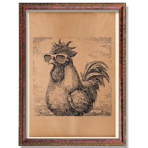 Vintage Rooster Wall Art | Rustic Rooster Poster | Antique Farmhouse Kitchen Decor | Rooster Illustration | Funky Sunglasses Chicken Art