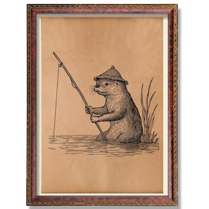 Rustic Fishing Otter Poster | Vintage Wildlife Wall Art | Antique Animal Illustration | Otter Cabin Decor Print