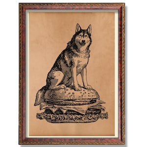 affiche vintage de hamburger Husky de Zazzle.be Liste d&#39;envies Vous avez des idées ? Décoration murale chien rustique | Illustration de Husky de style antique | Drôle de gastronome Impression artistique
