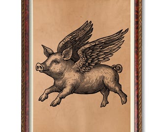 Vintage Flying Pig Poster | Rustic Pig Wall Art | Antique Style Whimsical Pig Illustration | Funny Animal Home Decor Print