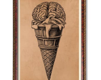 Arte anatómico de helado cerebral: póster de ilustración médica vintage, decoración rústica de pared anatómica, obra de arte científico antiguo