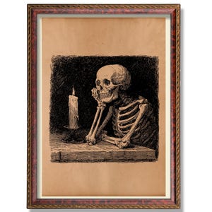 May include: Framed vintage print featuring a pensive skeleton, resting its head on its hand, with a lit candle nearby. The artwork is in black and white, set against a tan background, and framed in a decorative brown frame. The image evokes a gothic or macabre theme.