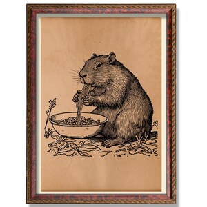 Capybara Eating Noodles Wall Art | Whimsical Animal Poster | Rustic Vintage Illustration | Cute Capybara Decor | Antique Kitchen Print
