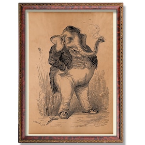 Gentleman Elephant Poster | Vintage Animal Illustration | Rustic Elephant Wall Art | Antique Style Decor Print