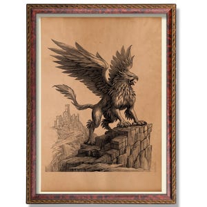 Vintage Gryphon Poster mit Mittelalter Burg Fantasy Wand Kunst Antiker Gryphon Illustration Fabelwesen Dekor Mittelalterliches Wohndekor