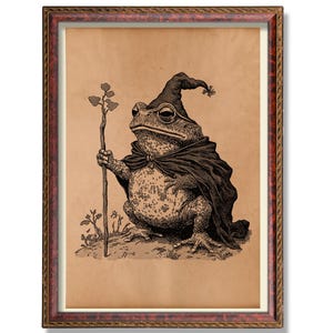 Vintage Wizard Toad Art Print - Rustic Toad Poster, Antique Style Magical Illustration, Whimsical Wall Decor, Fantasy Toad Decor