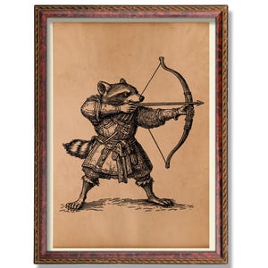 Archer Raccoon Poster | Vintage Woodland Animal Illustration | Rustic Fantasy Wall Decor | Antique Raccoon Art Print