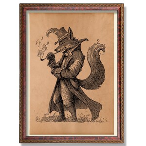May include: Framed sepia-toned print of a fox anthropomorphized in a top hat and long coat, smoking a pipe. The fox is standing with arms crossed, with a detailed illustration style. The frame is brown with a decorative border.