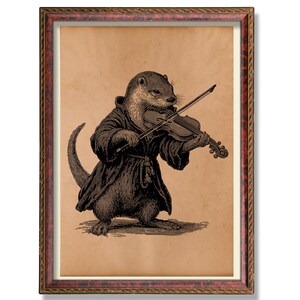 Vintage Otter Playing Violin Poster – Rustic Animal Music Art, Whimsical Cottagecore Wall Decor, Antique-Style Otter Illustration