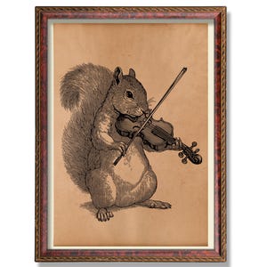 Vintage Squirrel Violin Poster – Antique Woodland Animal Illustration, Rustic Music Wall Art, Whimsical Decor