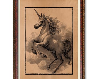 Vintage Unicorn Poster – Antique Mythical Creature Illustration, Rustic Fantasy Wall Art, Whimsical Home Decor