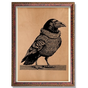 Vintage Raven in Sweater Art | Rustic Crow Poster | Whimsical Bird Illustration | Gothic Cottagecore Wall Decor Gift