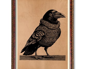 Vintage Raven in Sweater Art | Rustic Crow Poster | Whimsical Bird Illustration | Gothic Cottagecore Wall Decor Gift