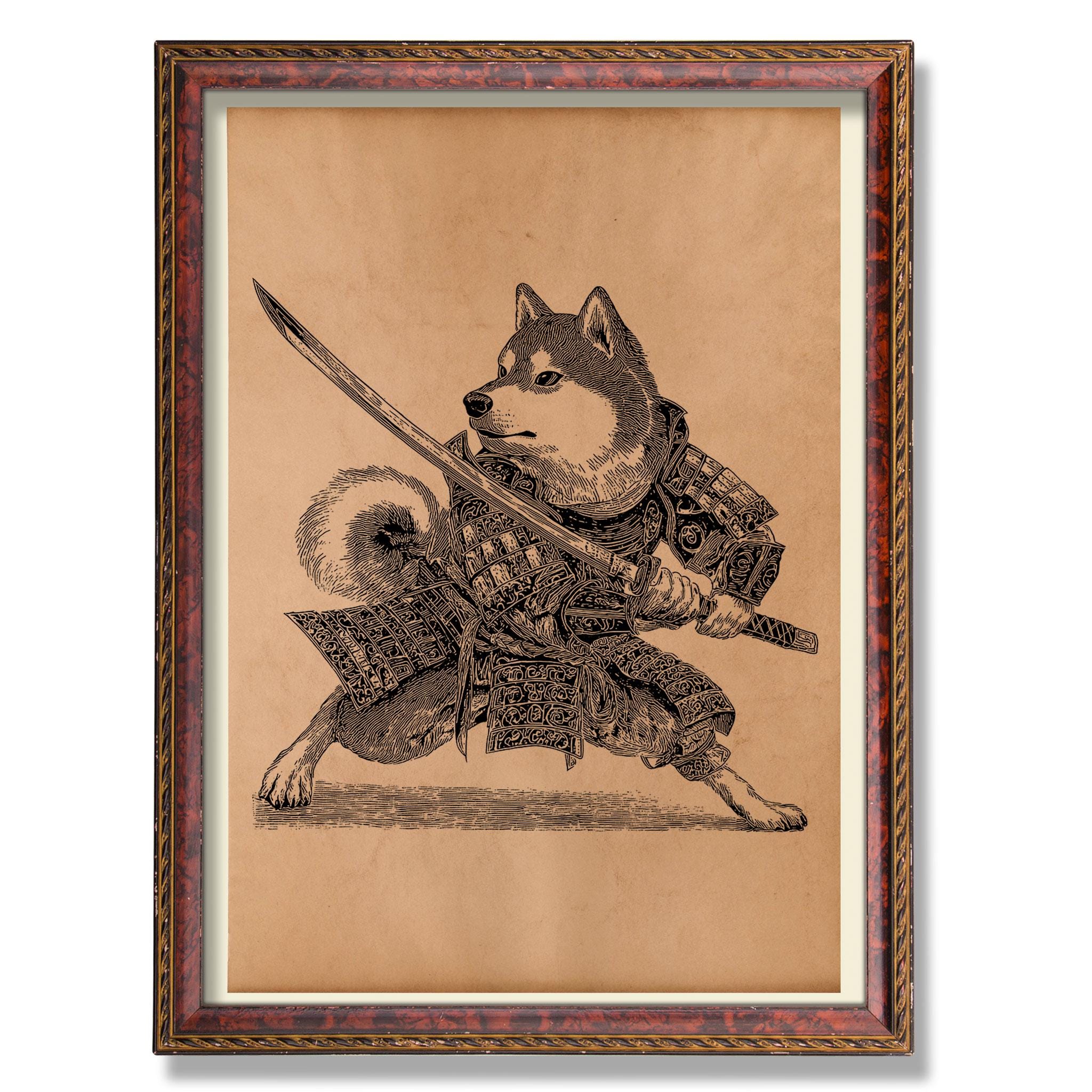 Samurai Shiba Inu Wall Poster – Vintage Japanese Dog Art – Rustic