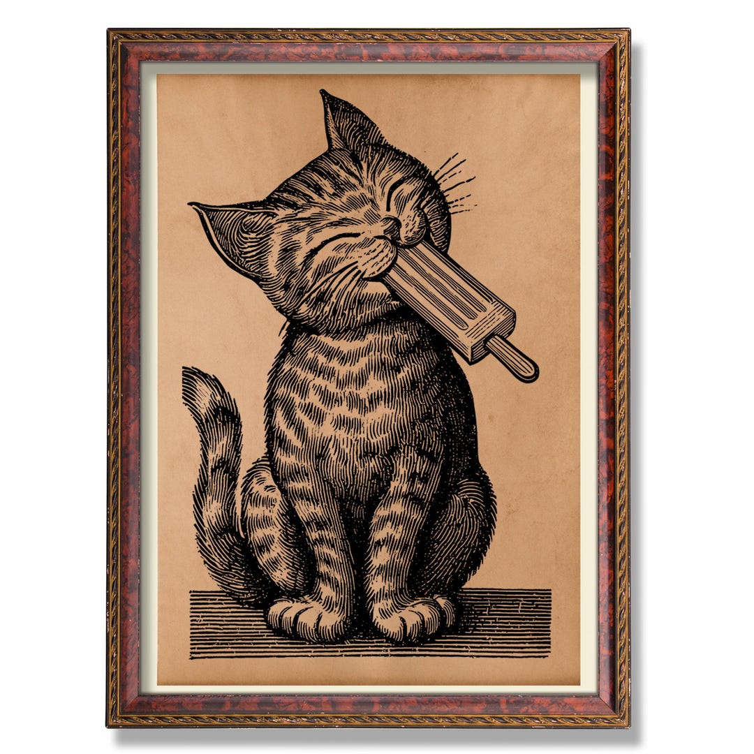 絵画。壁掛け原画【Cute cat cake】0 1 Cute Cat Eating Popsicle Art Print – Whimsical Cat Wall Art, Funny