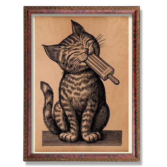 Cute Cat Eating Popsicle Art Print – Whimsical Cat Wall Art, Funny