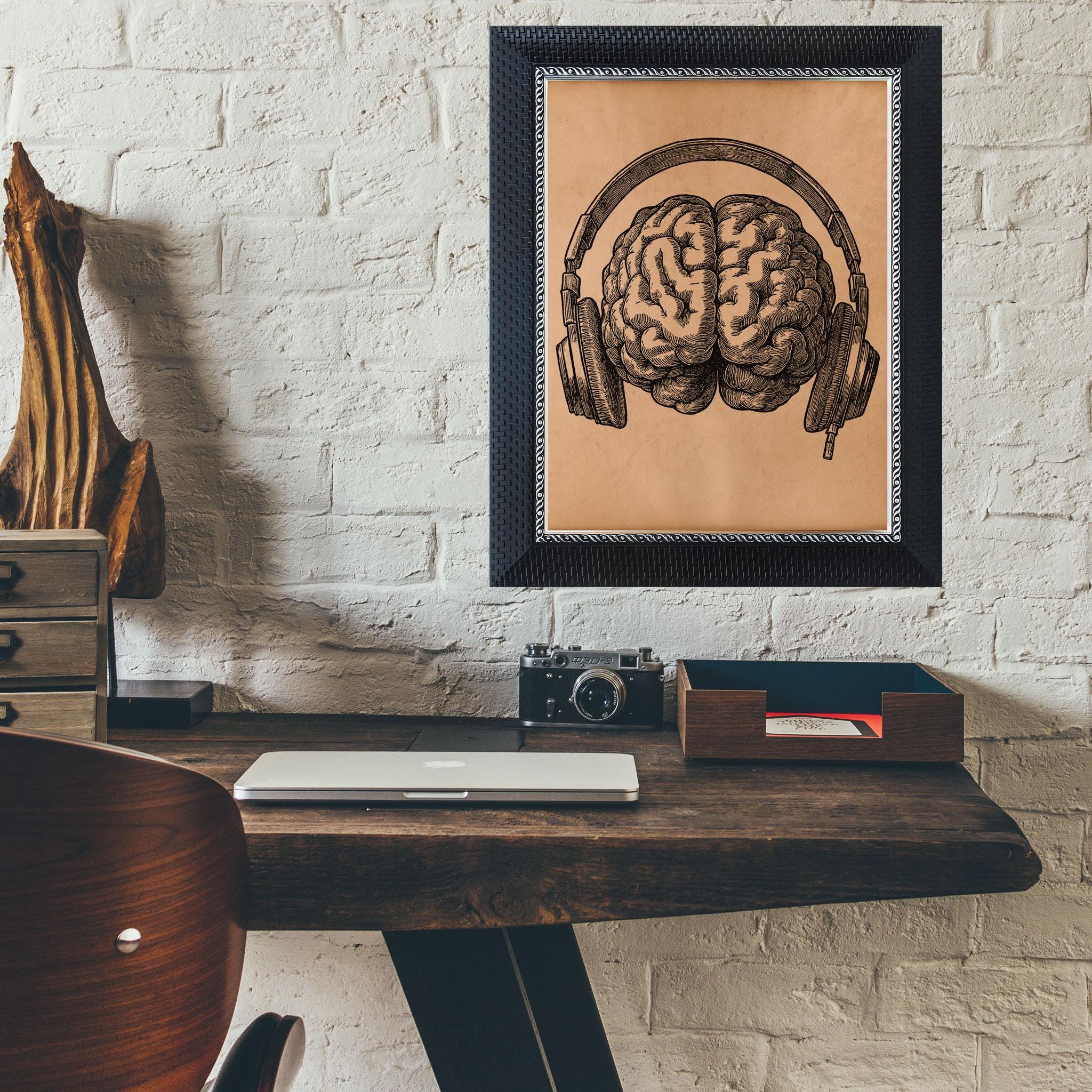 Brain With Headphones Wall Art Anatomical Music Illustration