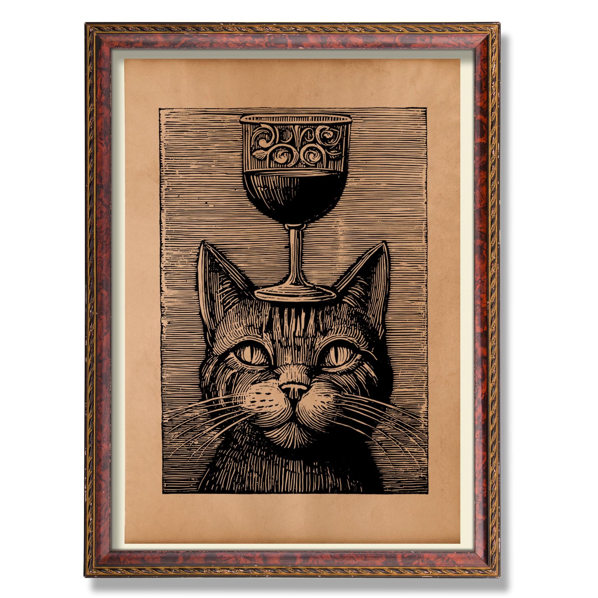 Vintage Cat With Wine Glass Poster – Rustic Feline Wall Decor ...