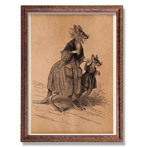 Lady Kangaroo Wall Art Vintage Animal Illustration Poster Rustic Kangaroo Decor Antique Animal Print Whimsical Victorian Animal Decoration
