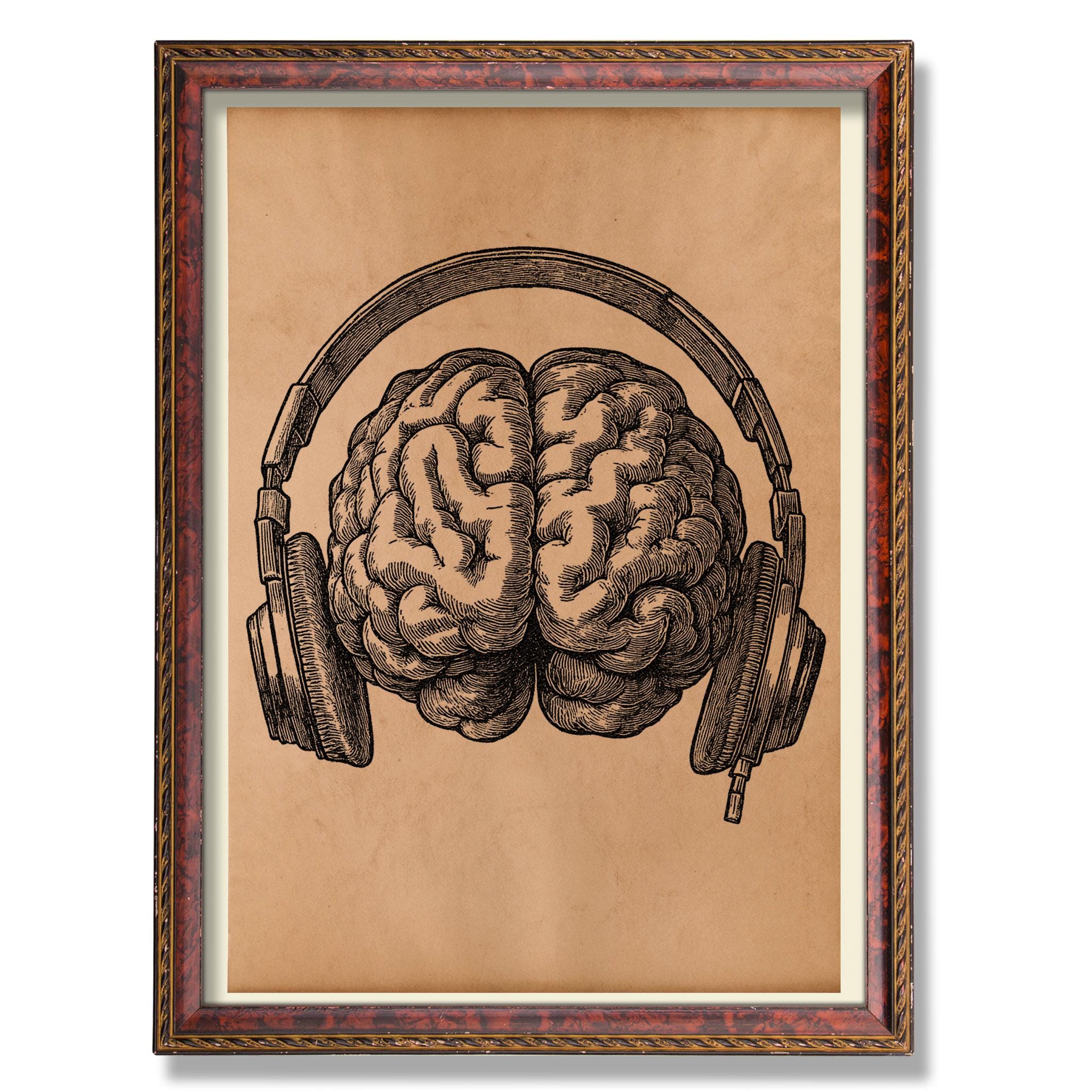 Brain With Headphones Wall Art Anatomical Music Illustration