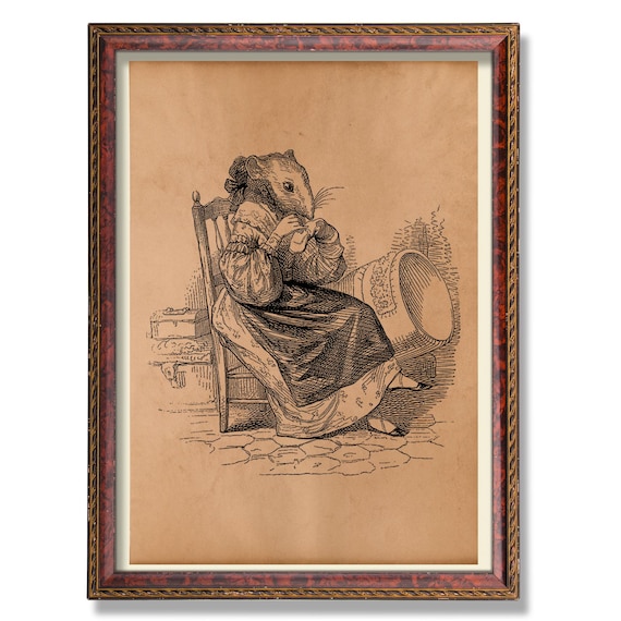 Vintage Lady Mouse Poster Antique Mouse Wall Art Whimsical Rustic Animal Decor Dressed Mouse Illustration Victorian Rodent Decoration