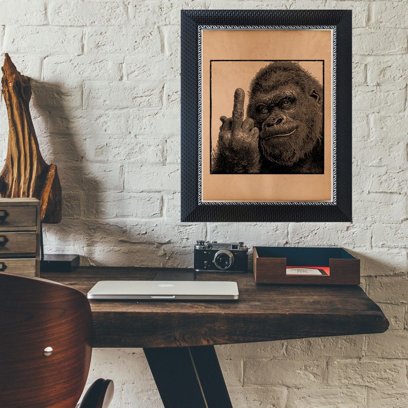 Vintage Gorilla Middle Finger Poster Funny Animal Wall Art Rustic