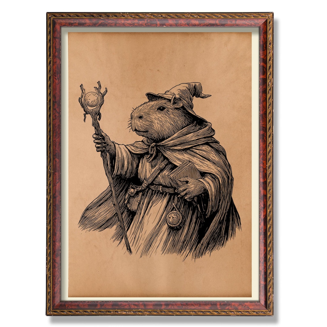 Wizard Capybara Art Print Vintage Fantasy Animal Poster, Rustic Magical ...