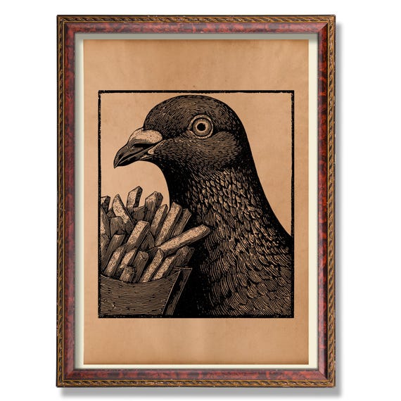 Vintage Pigeon with Fries Poster – Rustic Bird Art, Antique Animal Wall Decor Illustration