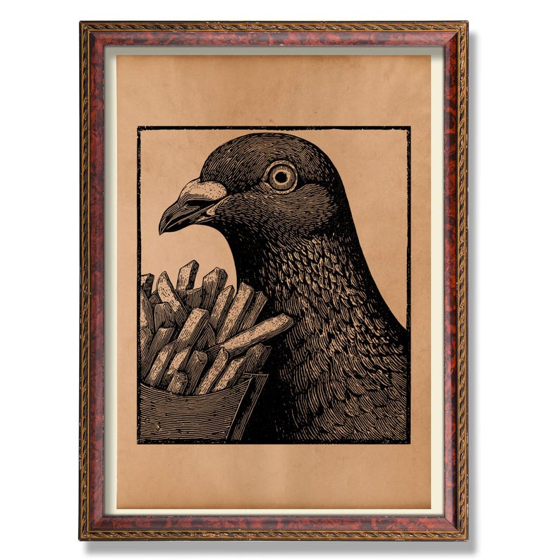 May include: A framed art print featuring a black and white illustration of a pigeon holding a container of french fries. The artwork is set against a tan background and framed in a brown and gold ornate frame.