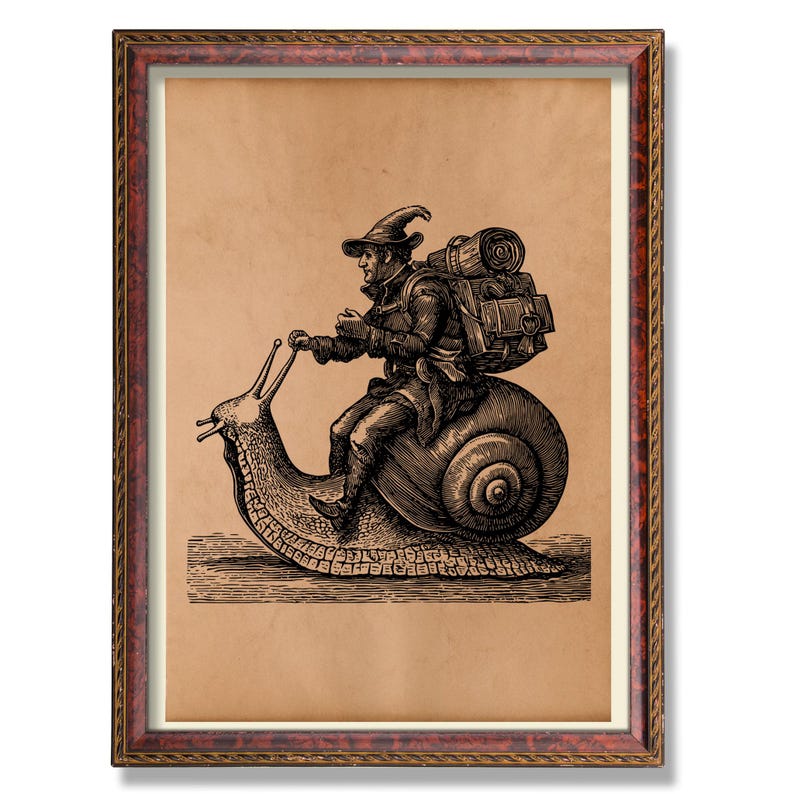 Vintage Man Riding Giant Snail Poster – Rustic Surreal Art Print ...