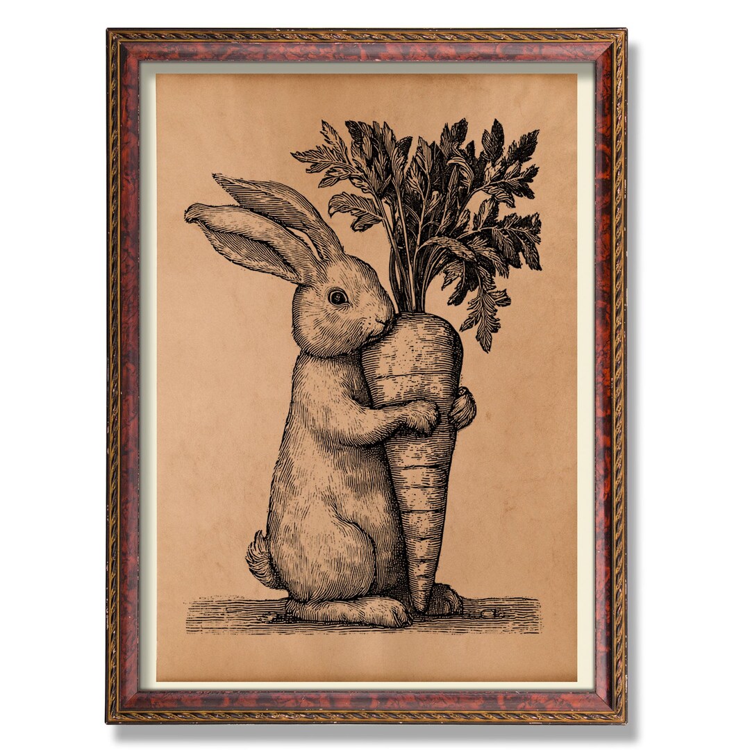 Vintage Rabbit Poster – Bunny With Carrot Art, Antique Style Animal ...