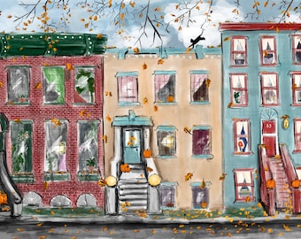 May include: An illustration of three colorful townhouses in autumn. The brick, beige, and blue buildings have windows with curtains and are decorated with pumpkins. A black cat jumps across the rooftops, and leaves fall from the trees.