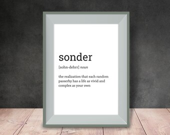 Sonder • Definición de diccionario • Descarga digital, Amantes de los libros, Arte literario, Póster minimalista, Significado de la palabra