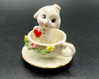 Vintage Enesco Dog In Teacup Figurine, Porcelain White Dog With Heart In Teacup and Saucer Figurine