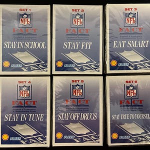 May include: Six cards with the NFL logo and the words "FACT Football & Academic Championship Team" on them. Each card has a different message: "Stay in School", "Stay Fit", "Eat Smart", "Stay in Tune", "Stay Off Drugs", and "Stay True to Yourself".