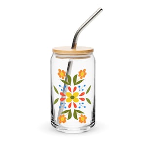 Retro Floral Can Glass – 16oz Vintage-Inspired Flower Cup | Groovy Iced Coffee Glass | Cute Glassware Gift for Her or Boho Kitchen Decor