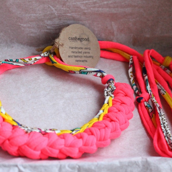Pink Neon Brights Necklace, made with pink and yellow T-shirt yarn