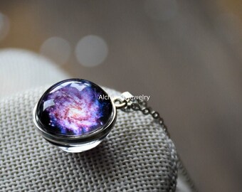 Purple Spiral Nebula necklace,Galaxy glass ball necklace,Galaxy jewelry,Double sided glass dome necklace,Space pendant,Universe necklace