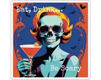 Eet, drink en wees eng Halloween muurdecoratie | Skelet cocktailprint | Retro Halloween decoratie | Spookachtige bardecoratie | Digitale download
