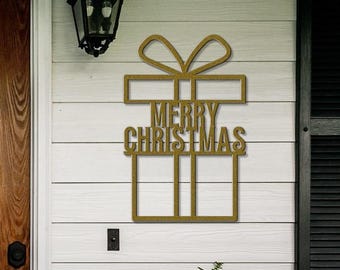 Merry Christmas Metal Sign: Gift Box Design, Holiday Wall Decor