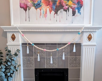 White tassell wood bead Garland