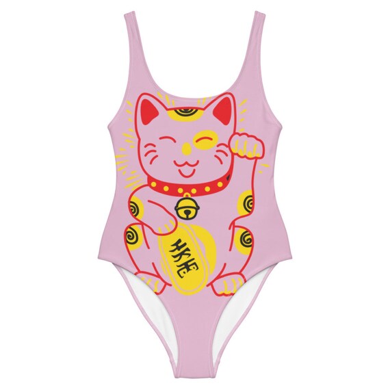 Japanese Good Luck Cat Bikini Maneki Neko Art OnePiece Etsy